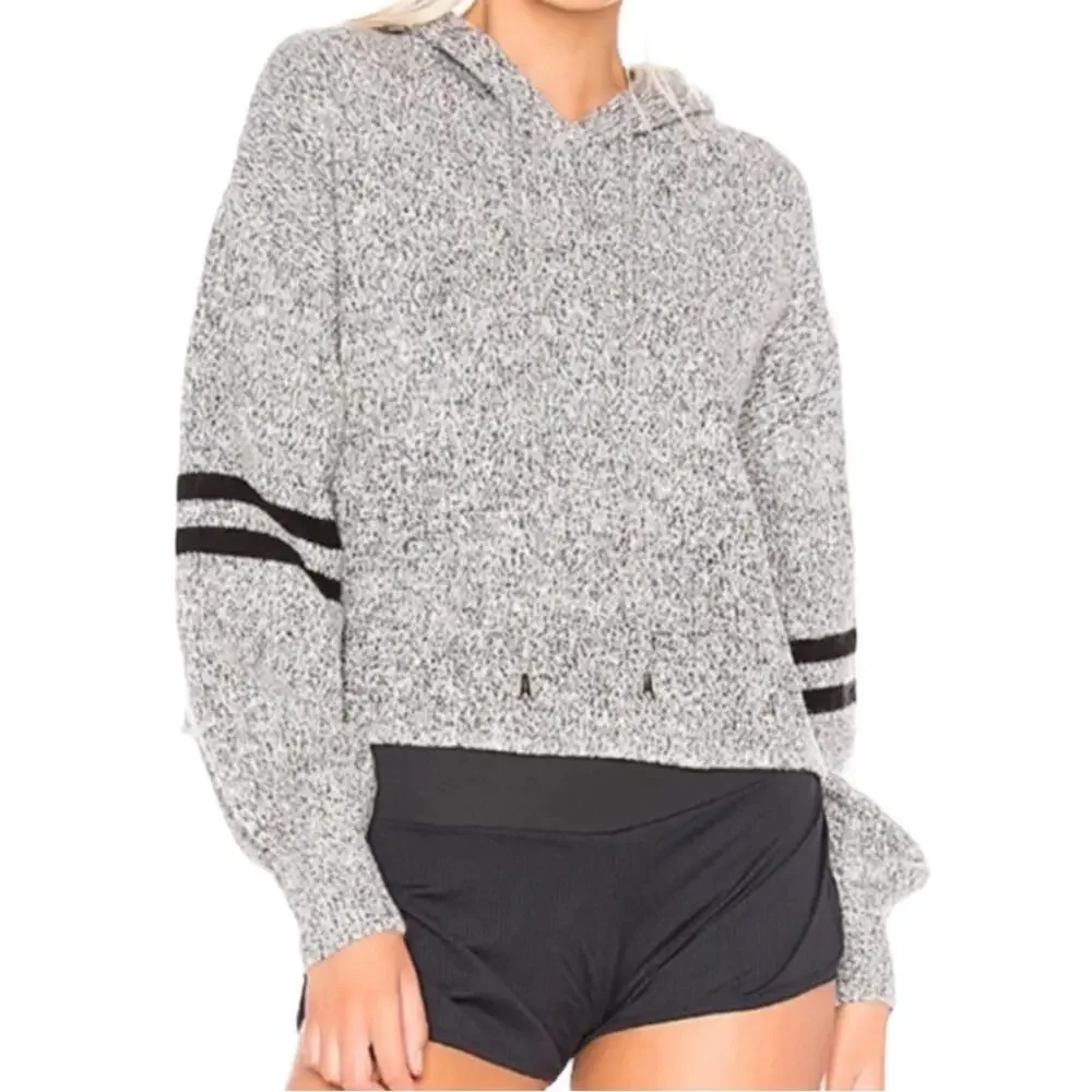 ONZIE Gray Black Varsity Striped Blouson Sleeve Chunky Knit Hoodie Sweater OS